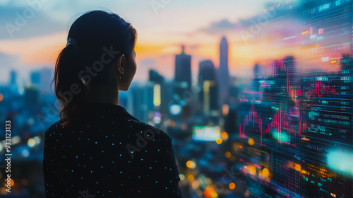 Abstract business man stands on the peak of success amid tall, innovative Smart city and graphs with statistics to analyze business potential and predict future developments in company growth.