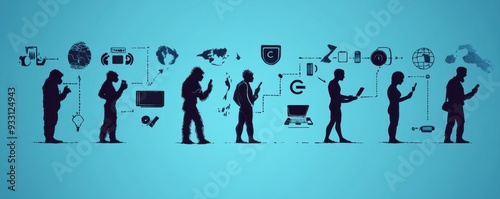 Illustration depicting the evolution of humans from primitive beings to modern technology users in a digital world