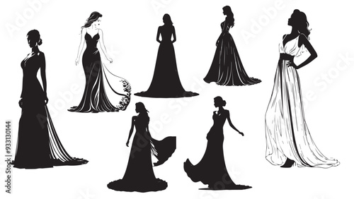 Silhouettes of a woman with dress in different poses against a white background