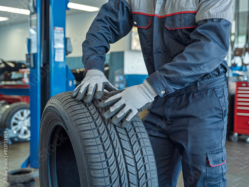 A mechanic changing tires in an automotive service center