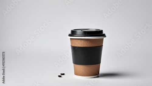 Plain black paper coffee cup with lid on white background with copy space. Disposable cup used for most popular beverage, good for takeaway hot and cold drink