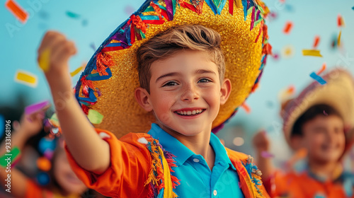 Joyful boy celebrating with confetti, wearing colorful sombrero and bright clothing. His smile radiates happiness in festive atmosphere.