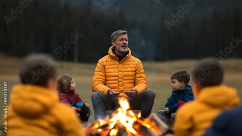 Storyteller narrating a ghost story to children around a campfire