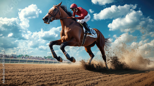 A racehorse with a jockey in the foreground, galloping on an open track under a blue sky.