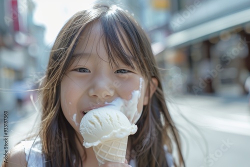 Candid moment of young girl happily eating amidst colorful backdrop. Adorable little girl's long hair cascades she eats joyfully. Emblematic of childhood innocence and unpretentious joy.