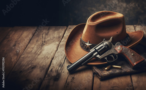 cowboy western hat and gun on a wooden table, photo realistic illustration 