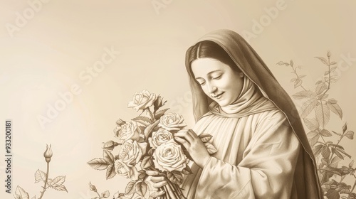 Saint Therese of Lisieux praying with a bouquet of roses, reflecting her devotion. Simple attire, serene expression, peaceful garden setting. Biblical Illustration, Beige Background, copyspace.