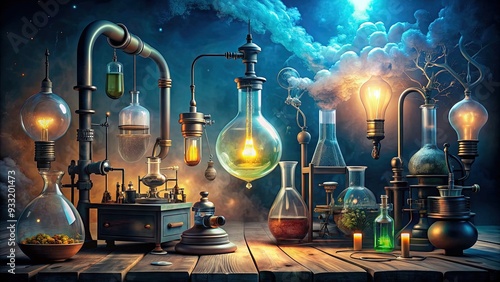 A whimsical illustration of a mad scientist laboratory scene with bubbling beakers, steaming contraptions, and a giant lightbulb illuminating a wild idea.