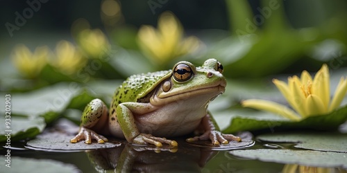 One close-up of one frog sitting on one lily poned in one pond.