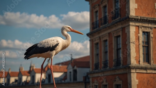 Climate change impact on a stork atop a historic European building.