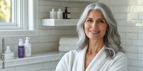 Elegant mature woman with gray hair in a bathrobe, standing by a window in a bathroom with white subway tiles, exuding confidence and grace.