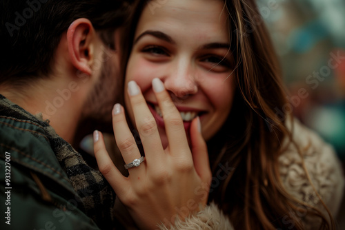 Close up photo of a smiling woman hugging a man and showing off her engagement ring. Engaged couple in love.