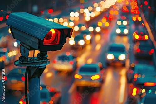 Security CCTV camera observes vehicular traffic on a road