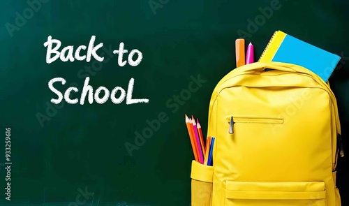 Back to School, yellow backpack with colorful school supplies, beginning of academic year with opportunities and knowledge