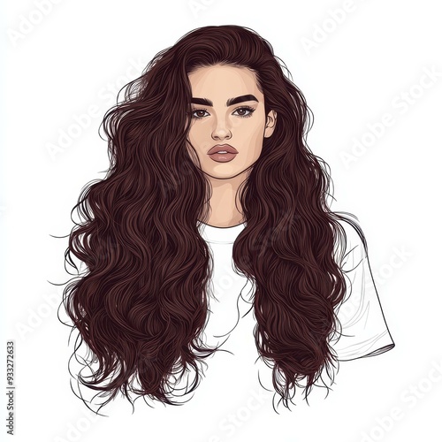 A playful caricature of an Armenian woman flaunting super long, wavy, dark brown curls that flow beautifully.