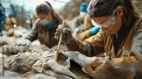 Woman paleontologists carefully excavating and analyzing a large fossil at an outdoor dig site.