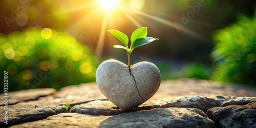 A delicate seedling sprouts from a cracked heart-shaped stone, symbolizing growth, renewal, and the transforming power of love and compassion in a serene, natural environment.