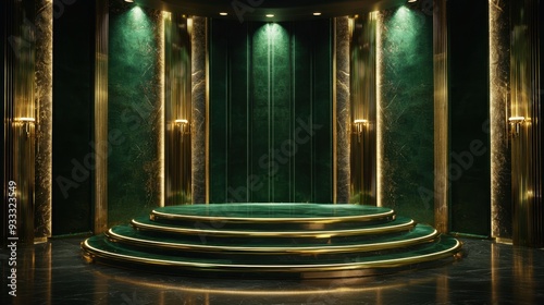 Emerald Velvet and Gold Trim Podium, a luxurious stage design featuring rich green surfaces and elegant golden accents, enhanced by warm lighting to evoke grandeur and sophistication.