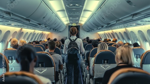 A woman in a uniform walks down the aisle of a plane with many passengers