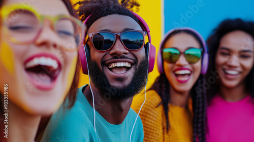 A group of friends from different cultural backgrounds, all wearing headphones and smiling brightly, with a vibrant, color-filled background that symbolizes the joy of music and un