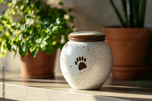 Light ceramic urn with pet ashes with paw print on it standing on stone shelf at home. Sunlight. Copy space. Funeral concept. Final resting place for a departed soul.