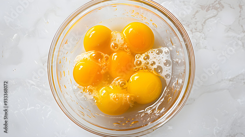 egg yolk in a glass bowl, A clear glass bowl with several bright yellow egg yolks floating in egg whites