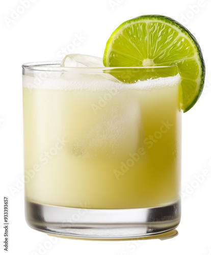  Ginger Margarita cocktail with fresh ginger, lime juice and tequila, garnished with lime wedge served in rocks glass isolated on transparent background