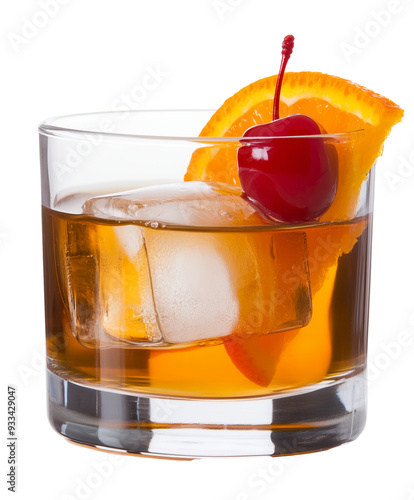 classic old fashioned cocktail with orange slice cherry and ice cube served in short glass isolated on transparent background