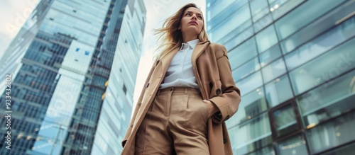 Stylish businesswoman in coat and pants, skyscraper office background, clear sharp focus, magazine cover style.