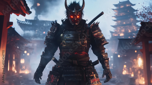 a samurai in the guise of a demon stands in the middle of the street, shining red eyes