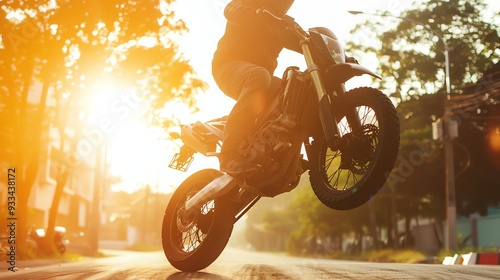 A motorcyclist performs a wheelie on a sunny day.