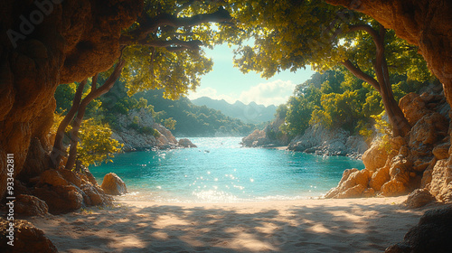 sandy beach framed by rugged rock caves on either side, bathed in warm sunlight. The tranquil scene invites reflection, evoking feelings of peace, solitude, and the timeless beauty of nature