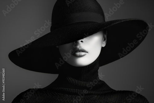 Black and white portrait of a model wearing a black turtleneck sweater, with a hat covering their face.