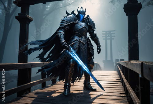 An abyssal knight, draped in tattered, dark armor that pulses with a faint, eerie glow, stands on a creaking wooden bridge.