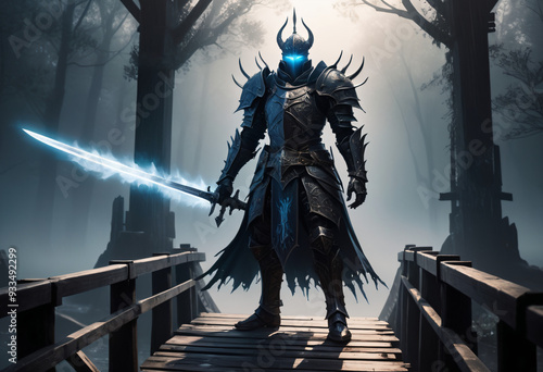 An abyssal knight, draped in tattered, dark armor that pulses with a faint, eerie glow, stands on a creaking wooden bridge.