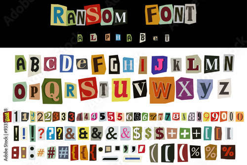 Ransom font Collage style vector letters alphabet. Cut out Blackmail or Ransom Kidnapper Anonymous Note Font. Latin Letters, Numbers and punctuation symbols. Criminal ransom letters. Compose your own