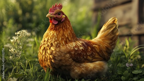 Vibrant Yellow Chicken Foraging in Garden Amid Lush Foliage