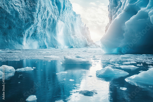 Majestic icy landscape with towering blue glaciers and floating icebergs reflected in calm Arctic waters under a bright sky