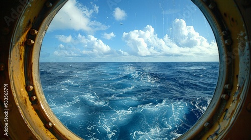 An ocean view through a ship's porthole shows clear skies, fluffy clouds, dark blue water with visible waves. The brass porthole looks worn, hinting at its history.