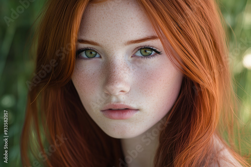 redhead woman in her 20s closeup portrait with green eyes