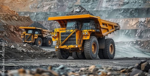 A large number of yellow mining trucks operate at an openpit mine under the sun, showcasing heavy industrial activity