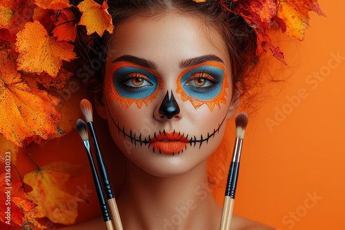 Putting on holiday helloween makeup on a creepy orange background.