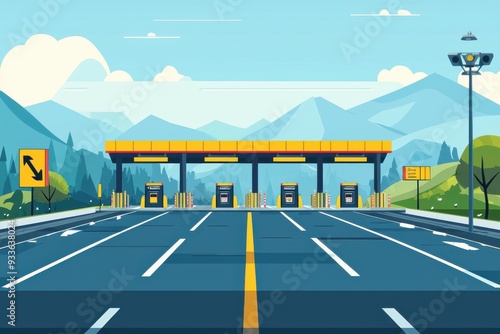 A vibrant illustration of a toll plaza surrounded by mountains, perfect for transport and travel themes.