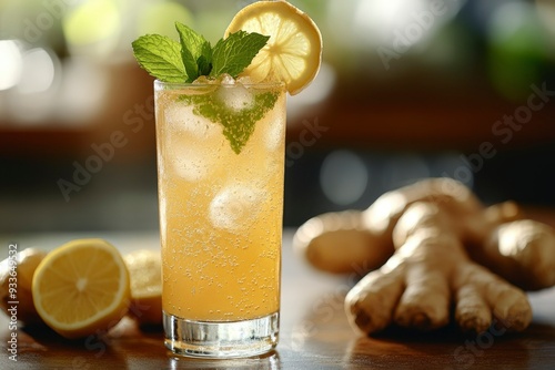 Refreshing Ginger Ale with Lemon and Mint Garnish