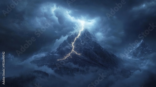 Thunderous Power: Lightning strike near majestic mountain peak in stormy weather