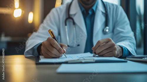 General practitioner a private practice writing notes during a patient consultation