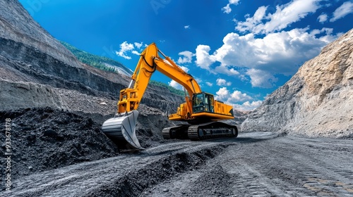 A large yellow and black construction vehicle is digging into the ground