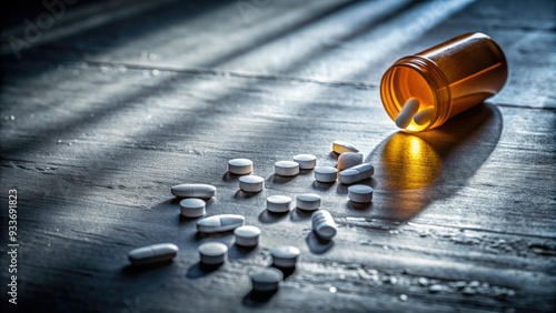 Pills scattered on a table with a faint trace of a prescription label, surrounded by somber shadows, highlighting the devastating reality of the opioid crisis.