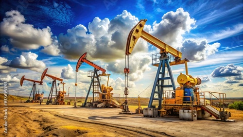 Pumping units and drilling rigs extract crude oil from the ground at a bustling oilfield production site under a clear blue sky with puffy clouds.