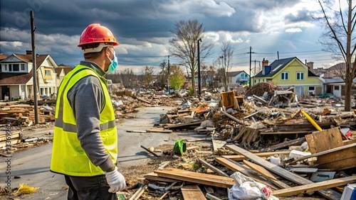 Relief worker in high-visibility vest and gloves surveys devastated neighborhood, surrounded by debris and destruction, after catastrophic storm or hurricane.